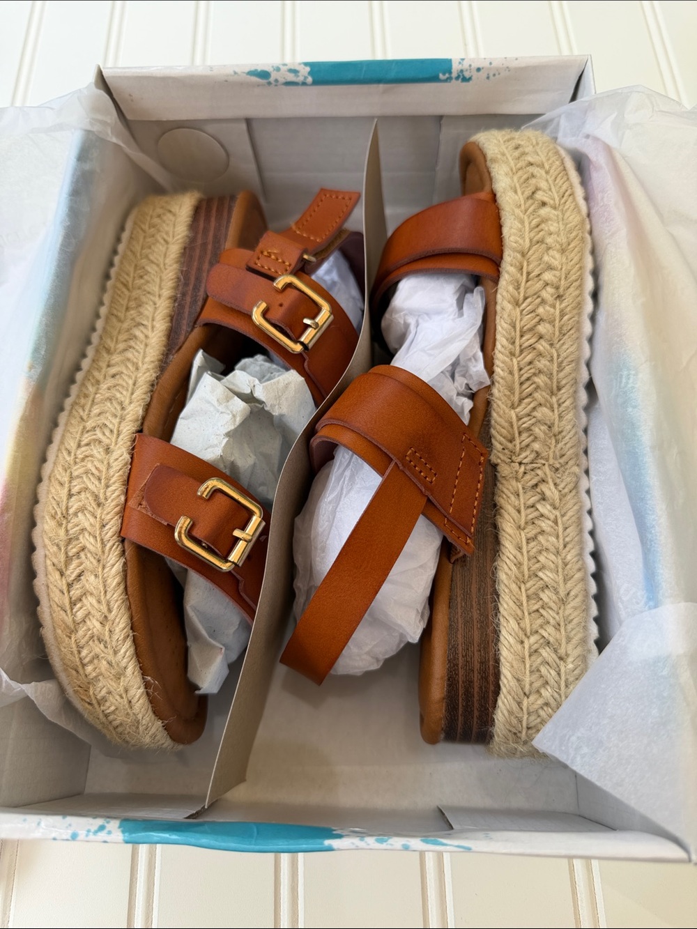 Pierre Dumas Cognac Brown Espadrille Platform Sandals with Gold Buckles - Picture 1 of 6